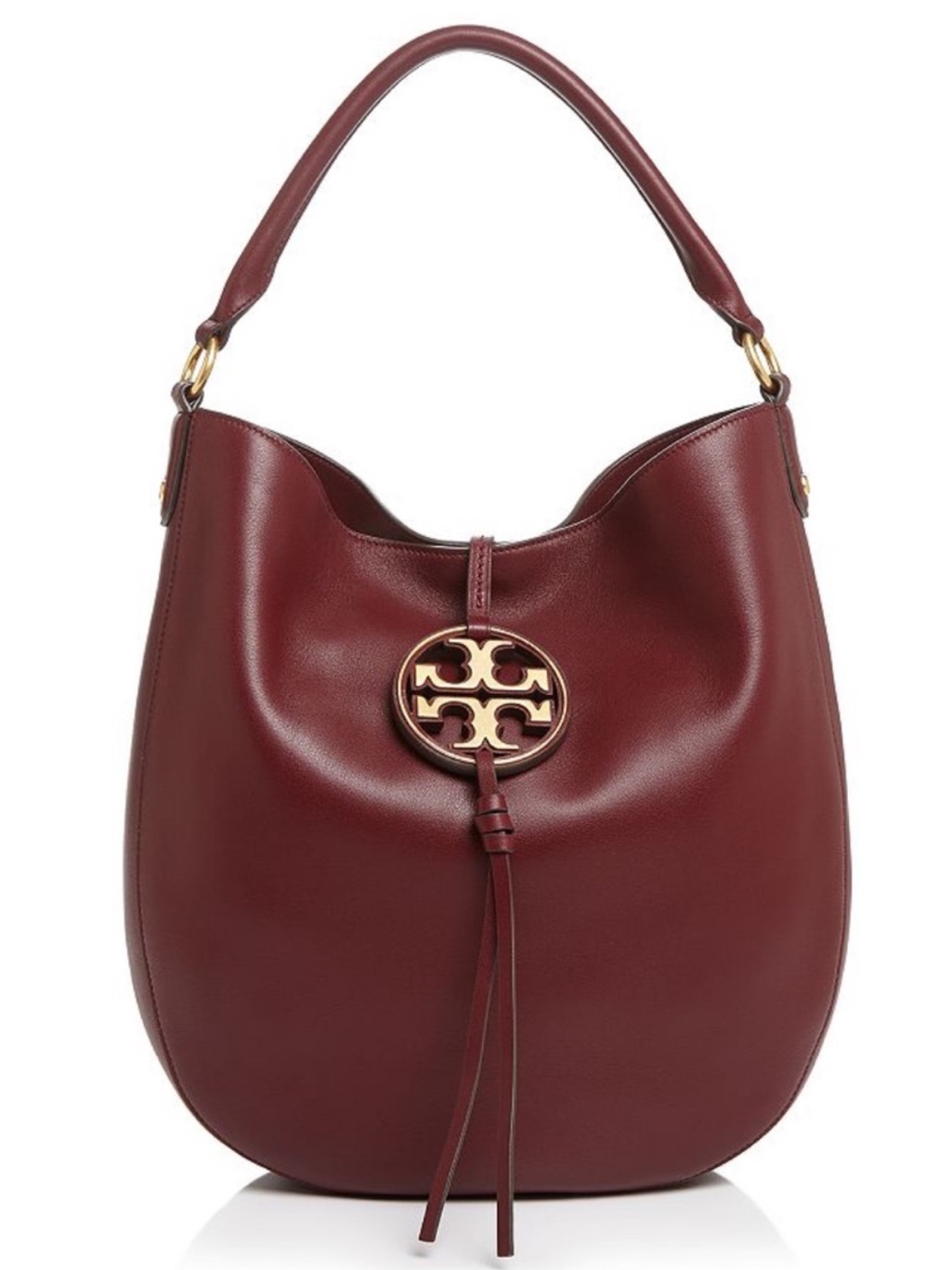 Tory Burch Miller Leather Hobo Bag Port Burgundy Gold Tassel